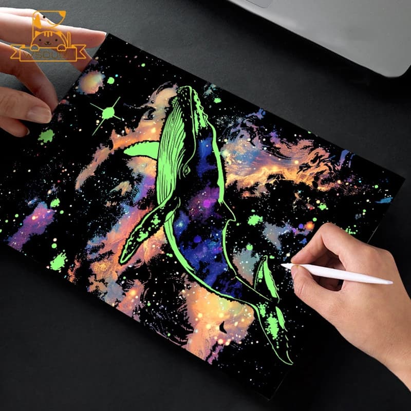 Glow in Dark Scratch Art Kit 4 Sheets A4 Paper Whale Butterfly Animal DIY Craft with Stylus Magic Painting Toy Kids Adults Gift